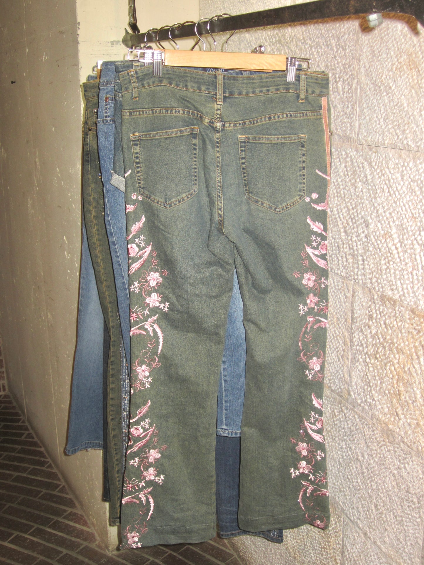 00s vintage flower embroidered wide denim