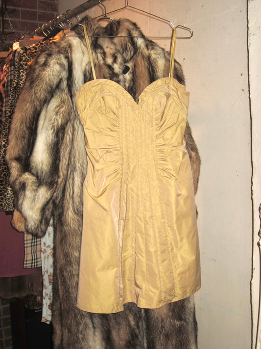 Maxazria Silky Yellow Beige Ruched Bustier Strapless Corset Dress