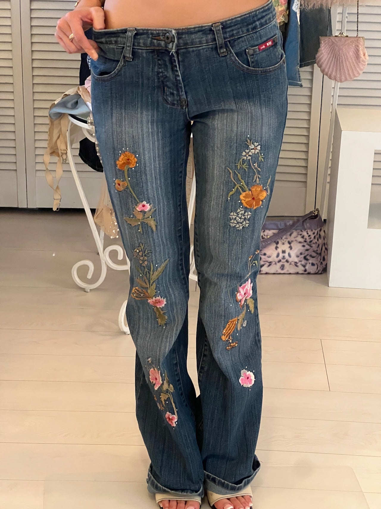 Y2K flower embroidered denim