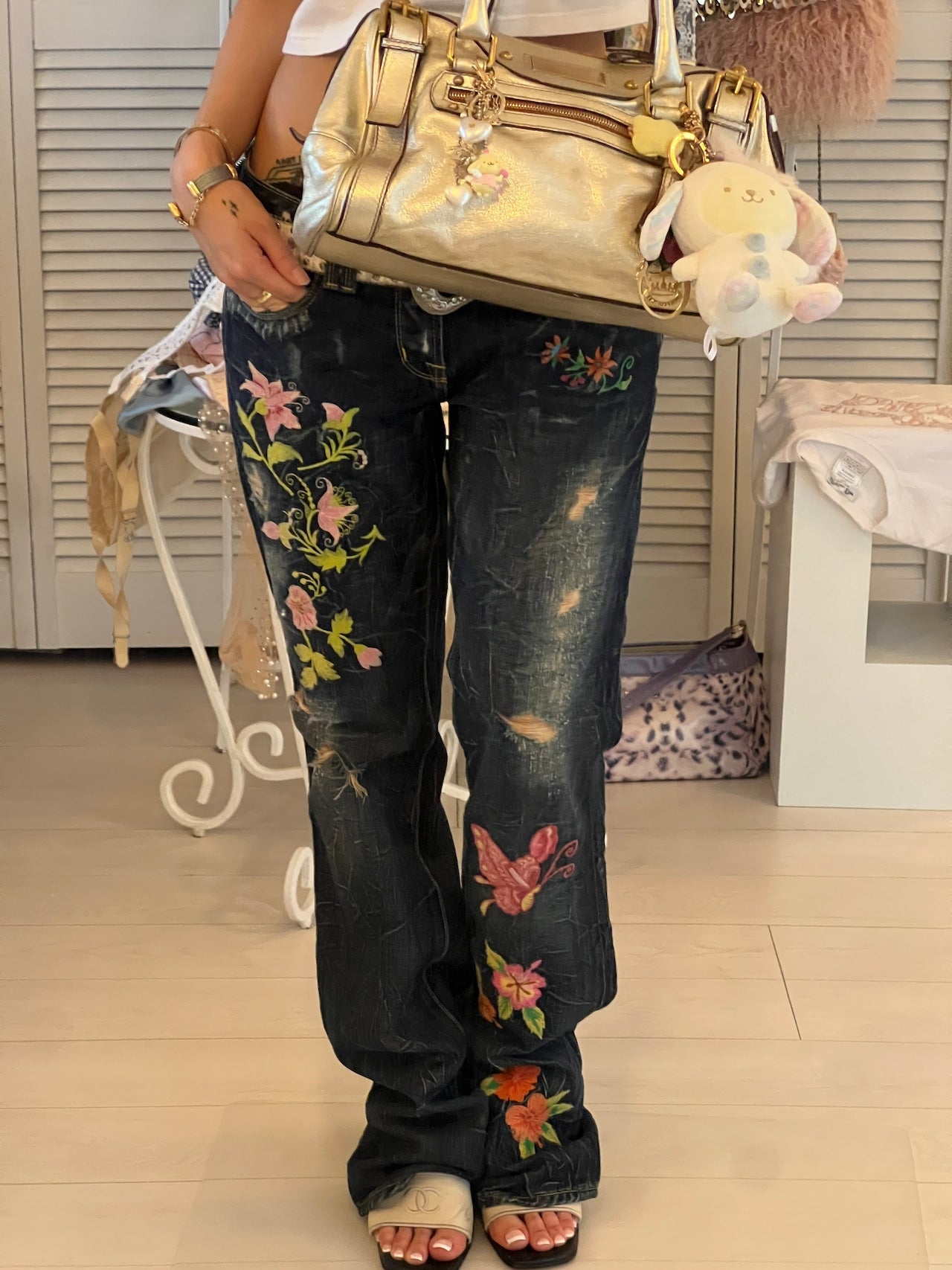 Y2K flower embroidered denim