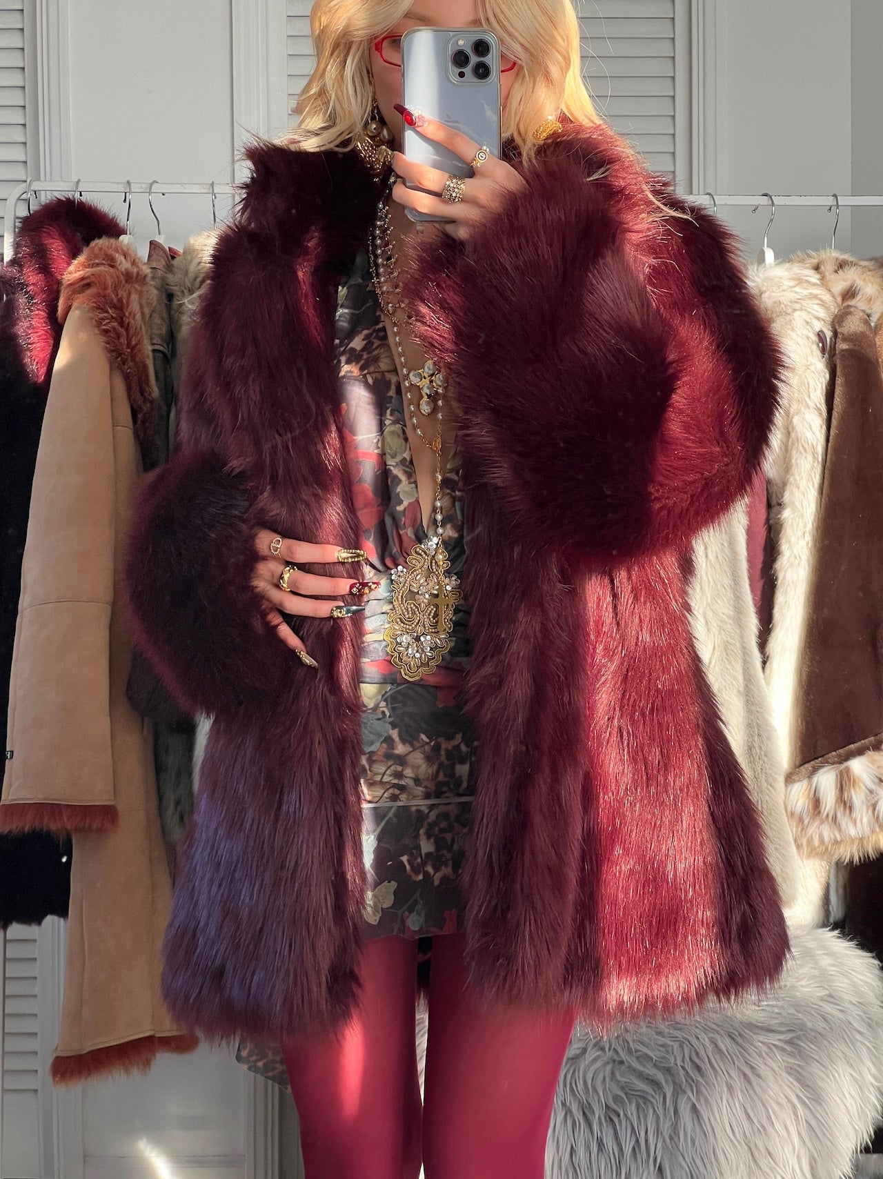 Vintage Cherry Bordeaux faux fur coat