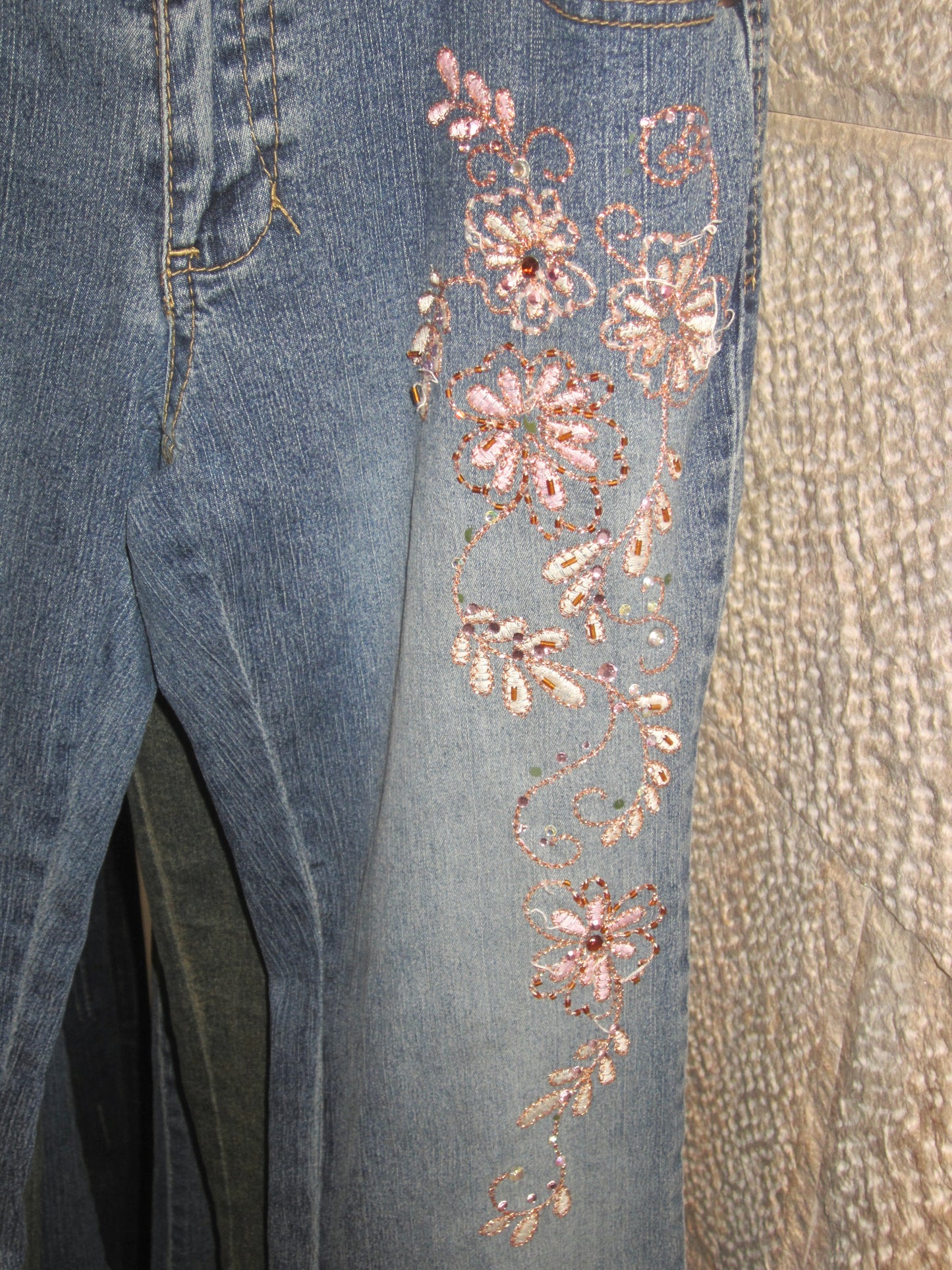 Y2K angels pink flower embroidered glitter denim