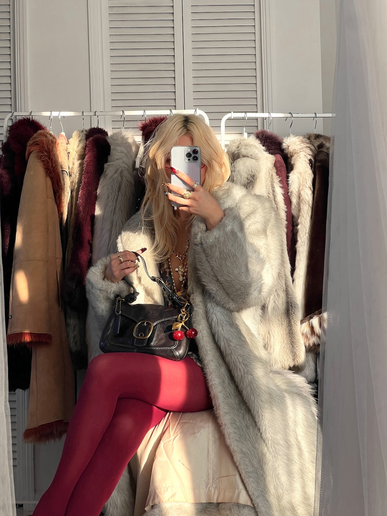 Vintage Silver cascade long faux fur coat