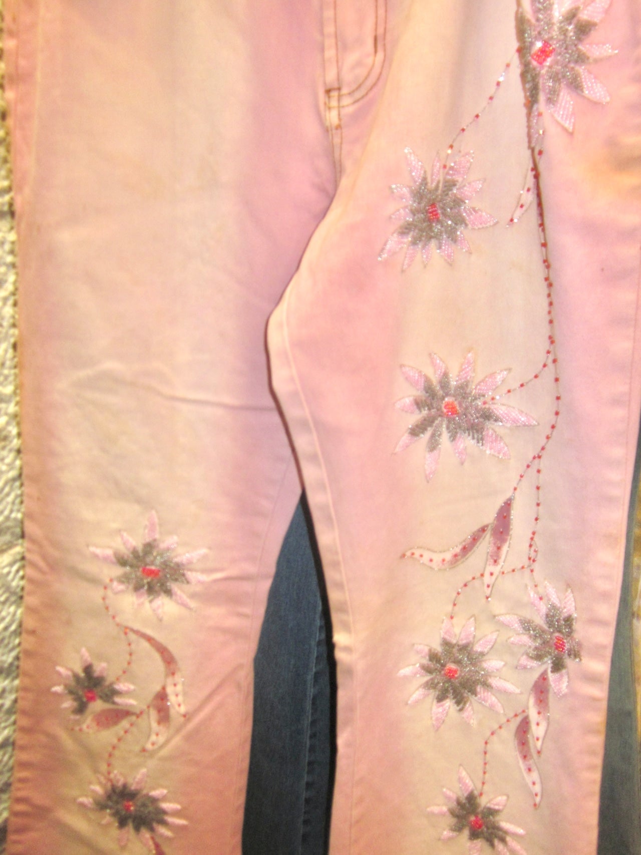 vintage Daniel pink and white wash floral beaded jeans