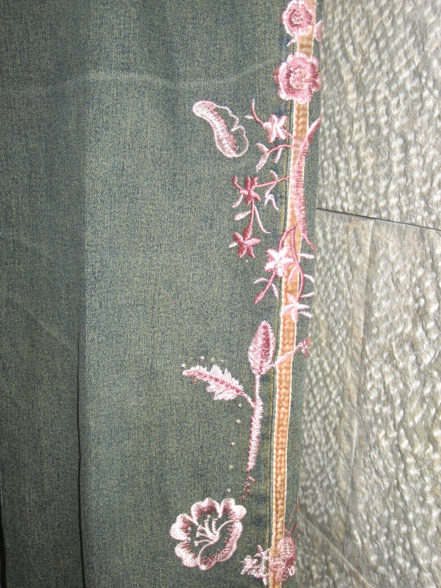 00s vintage flower embroidered wide denim