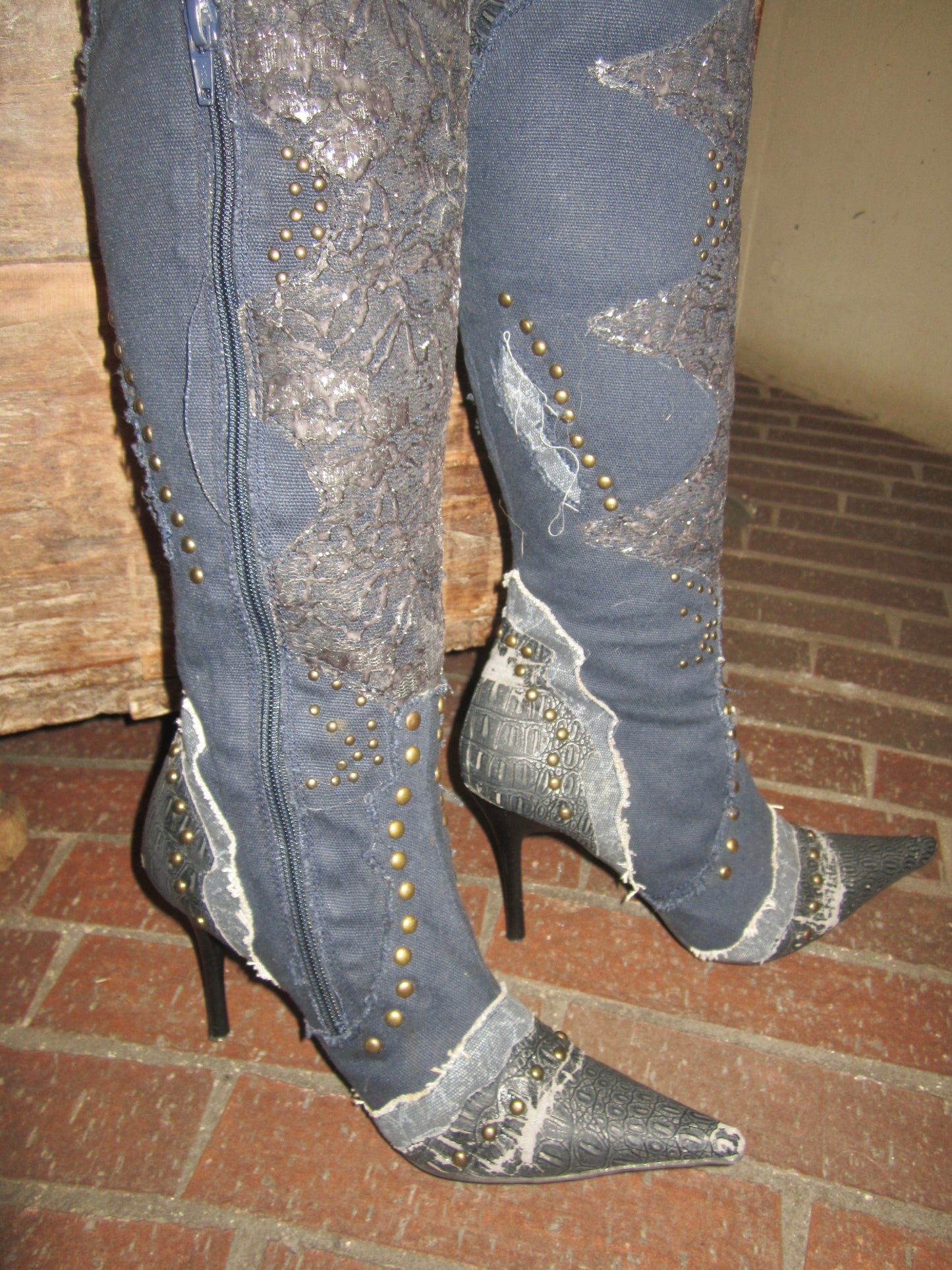 vintage Y2K bejeweled patched denim boots