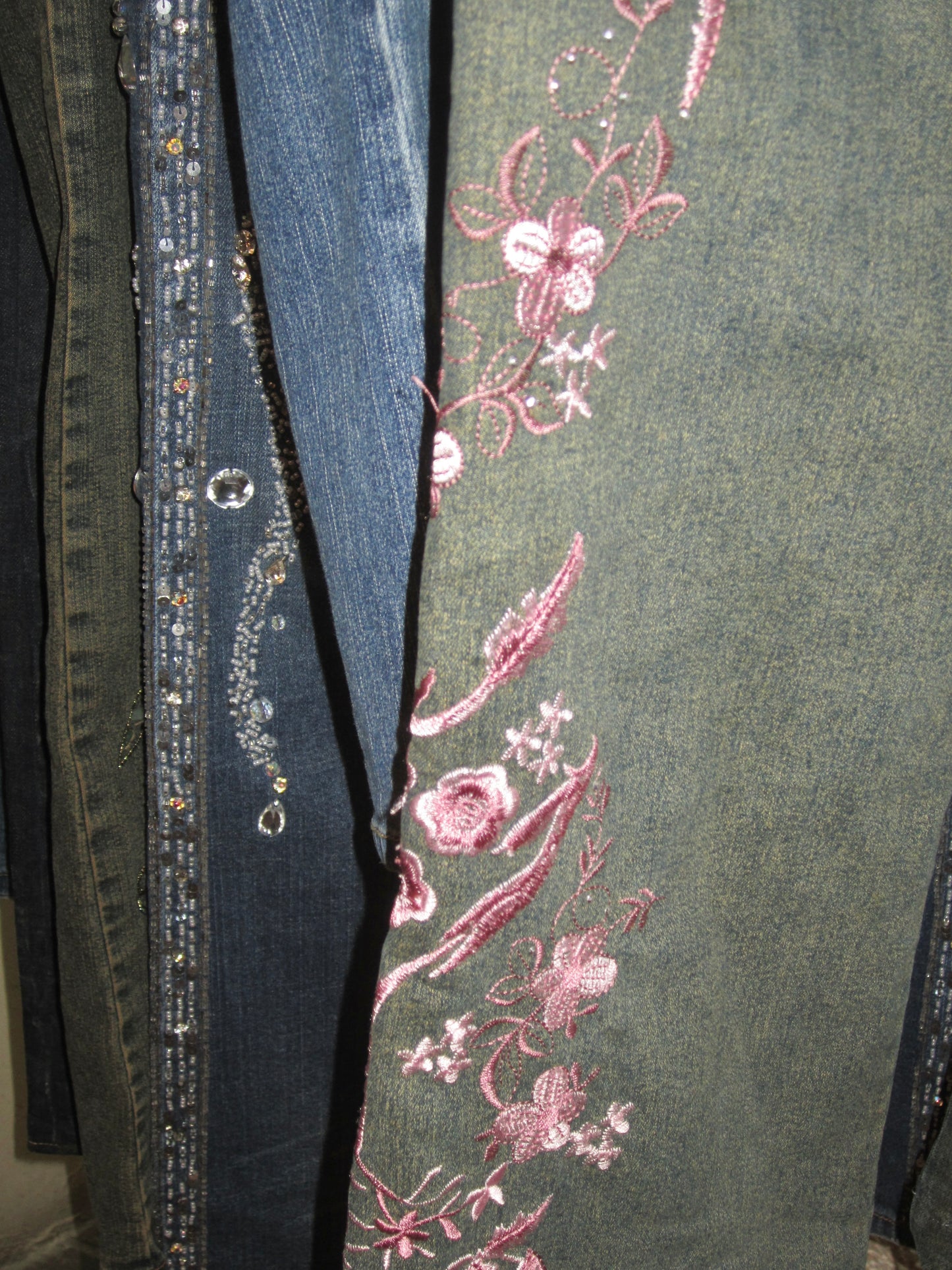 00s vintage flower embroidered wide denim