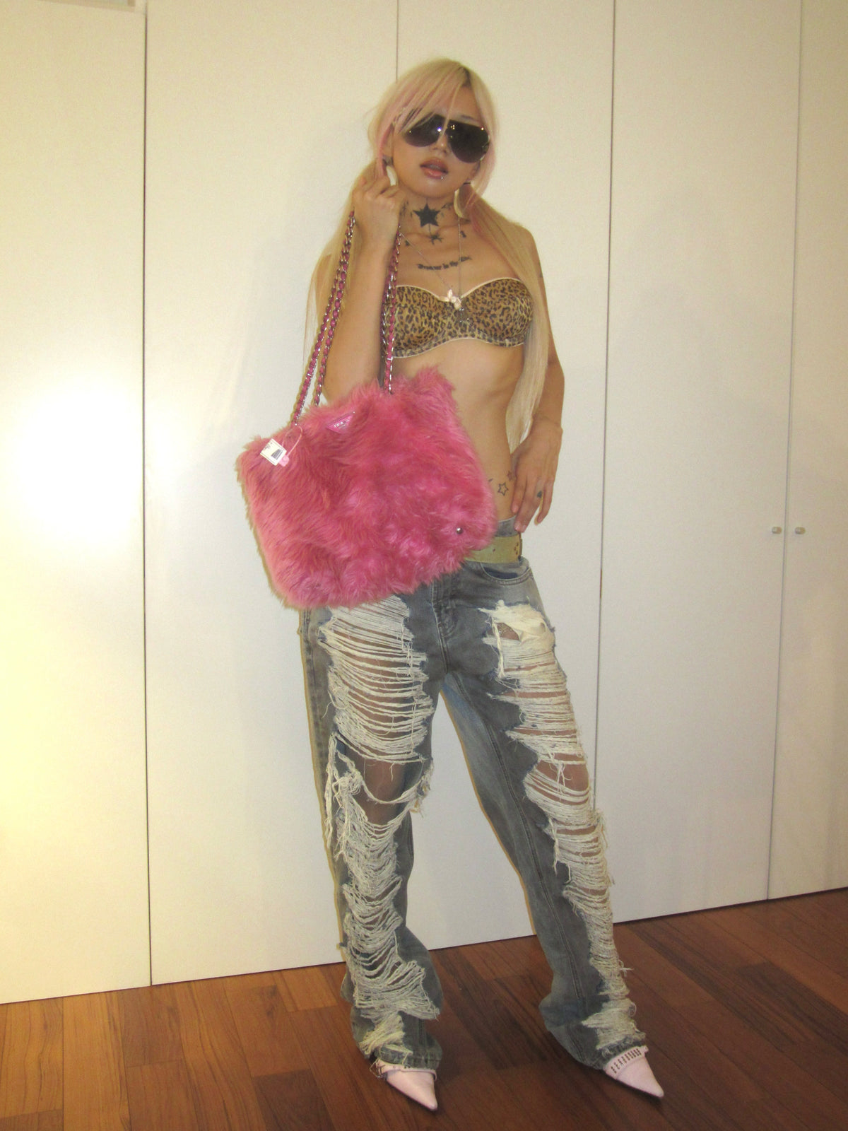Hot Pink Faux Fur Chain Tote