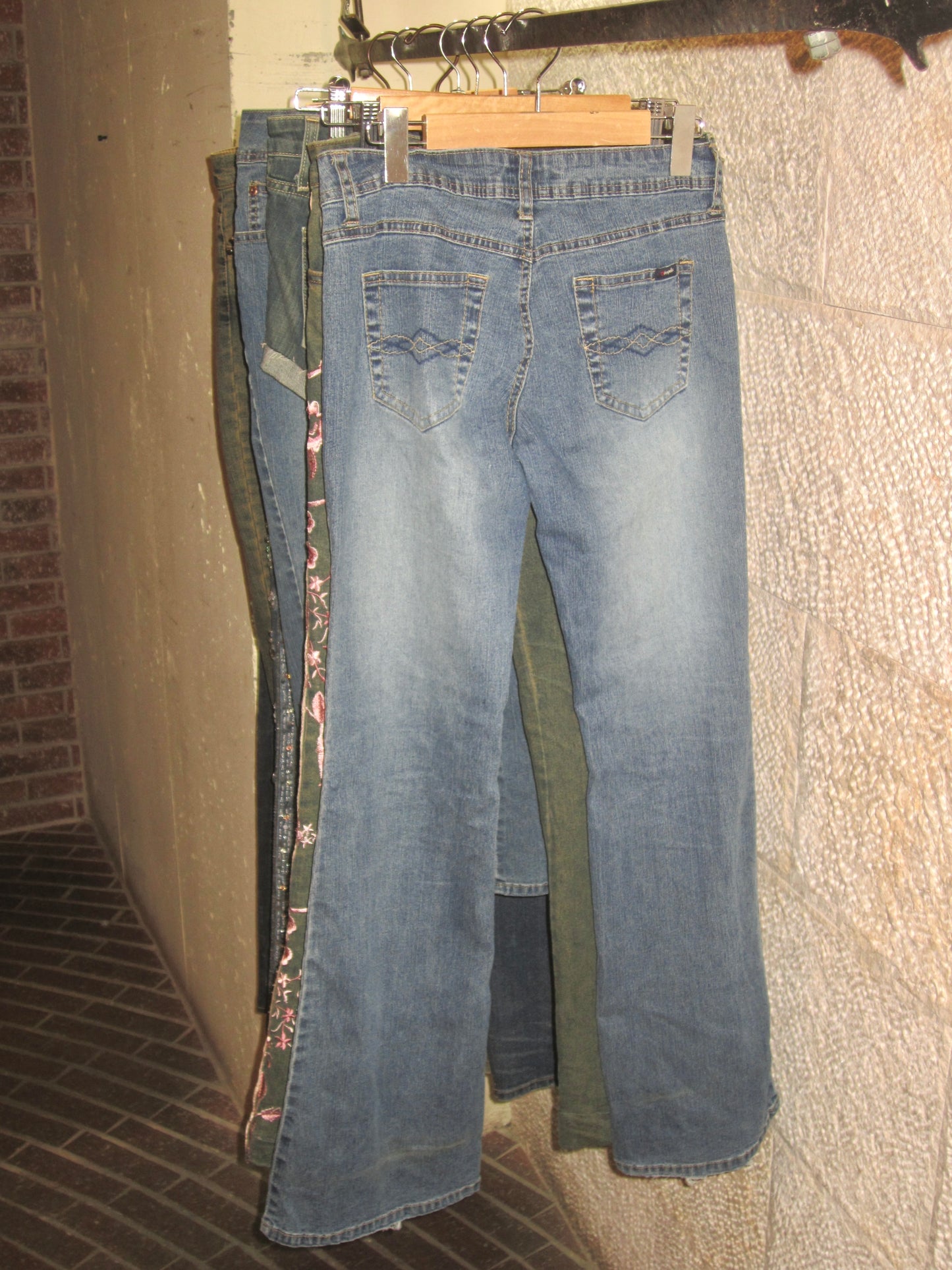 Y2K angels pink flower embroidered glitter denim