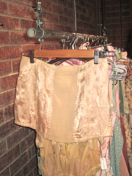 Vintage 1950s Pink Brocade Damask Boned Corset Open Hem Girdle