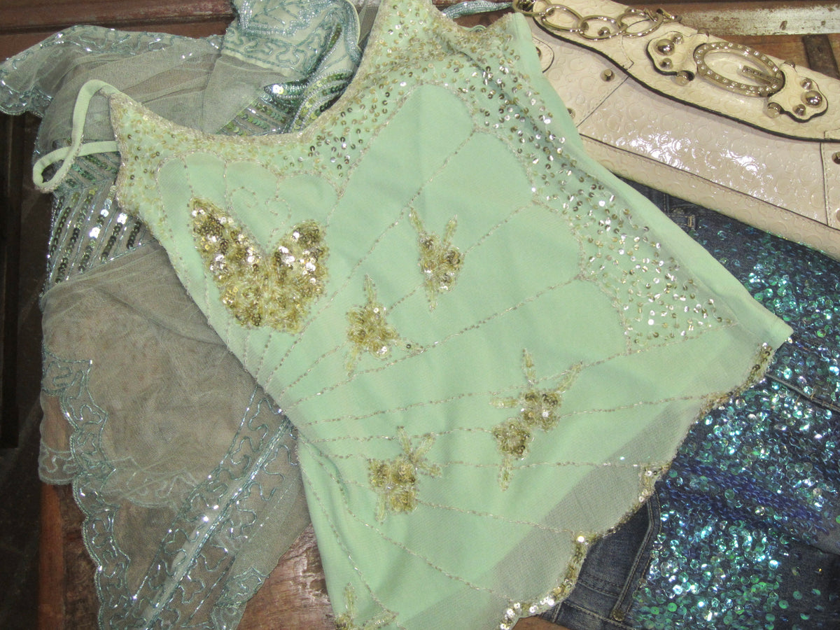 Mint Gold Butterfly Sequin Camisole / Blue Sequin Embellished Jeans