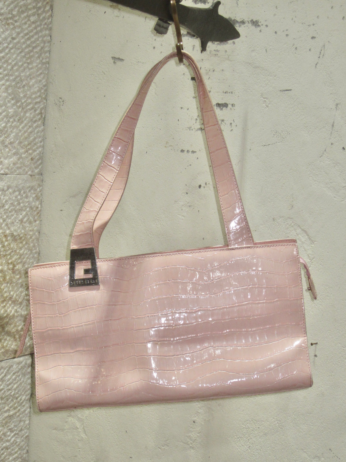 Pink Croc Embossed Rectangle Shoulder Bag