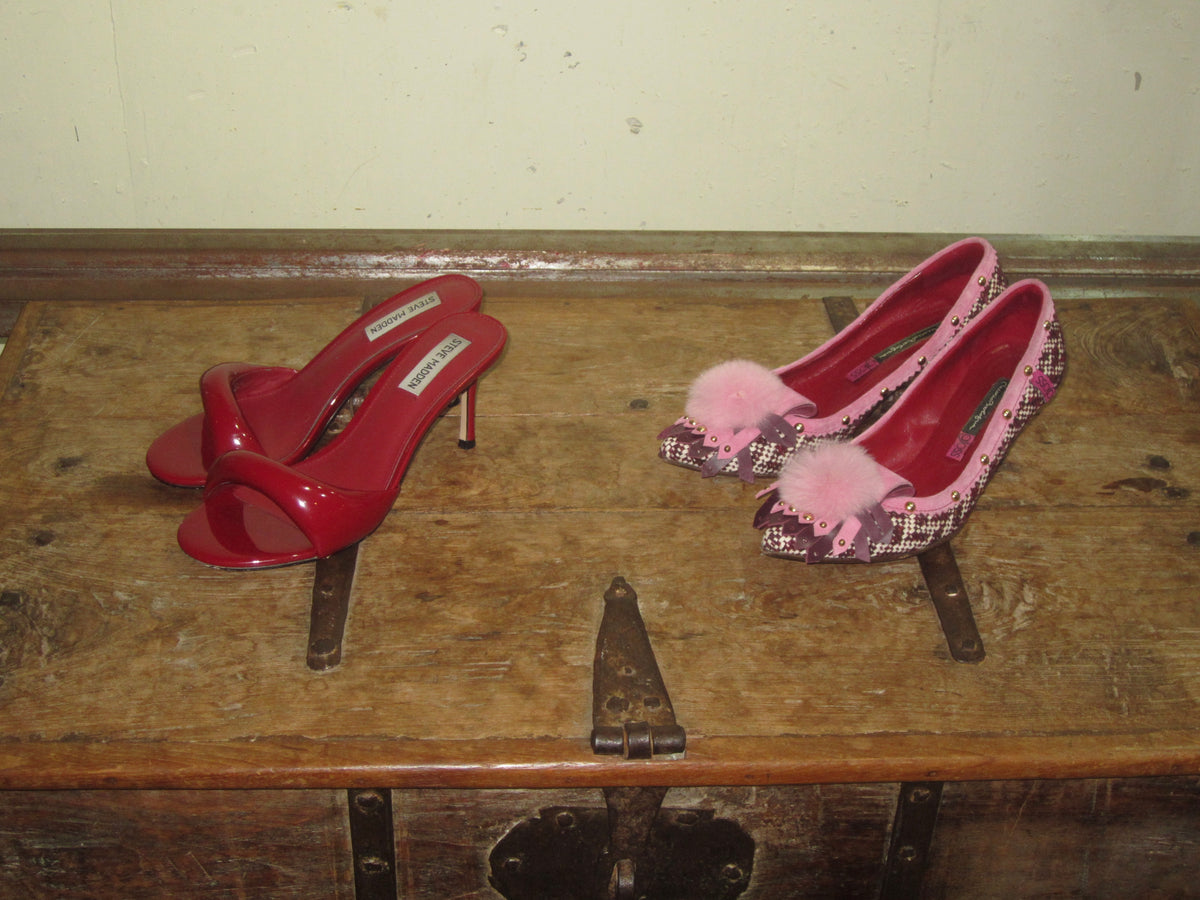 Red Open Toe Mules / Pink Plaid Pom Pom Flats