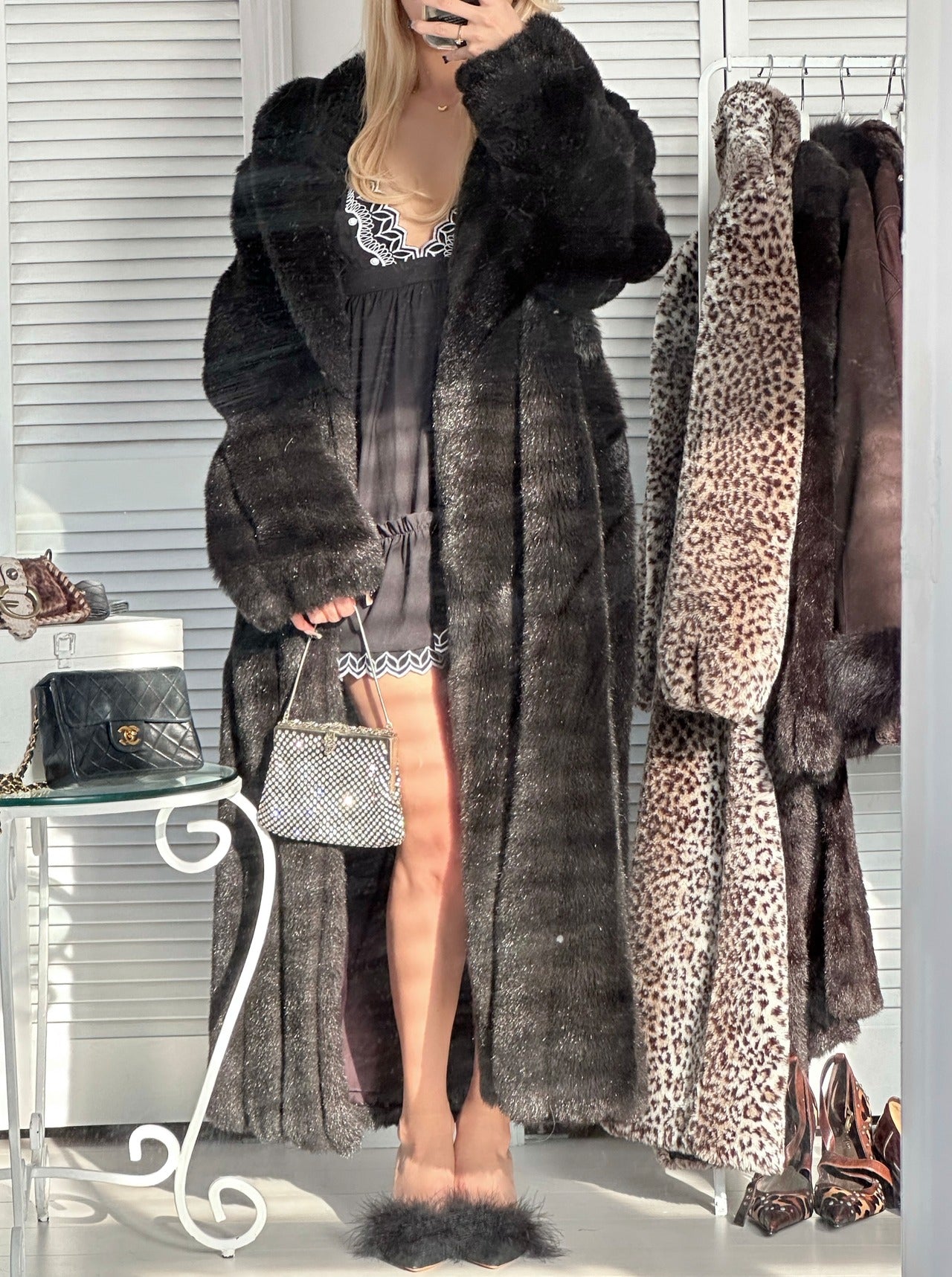 Black bear long faux fur coat