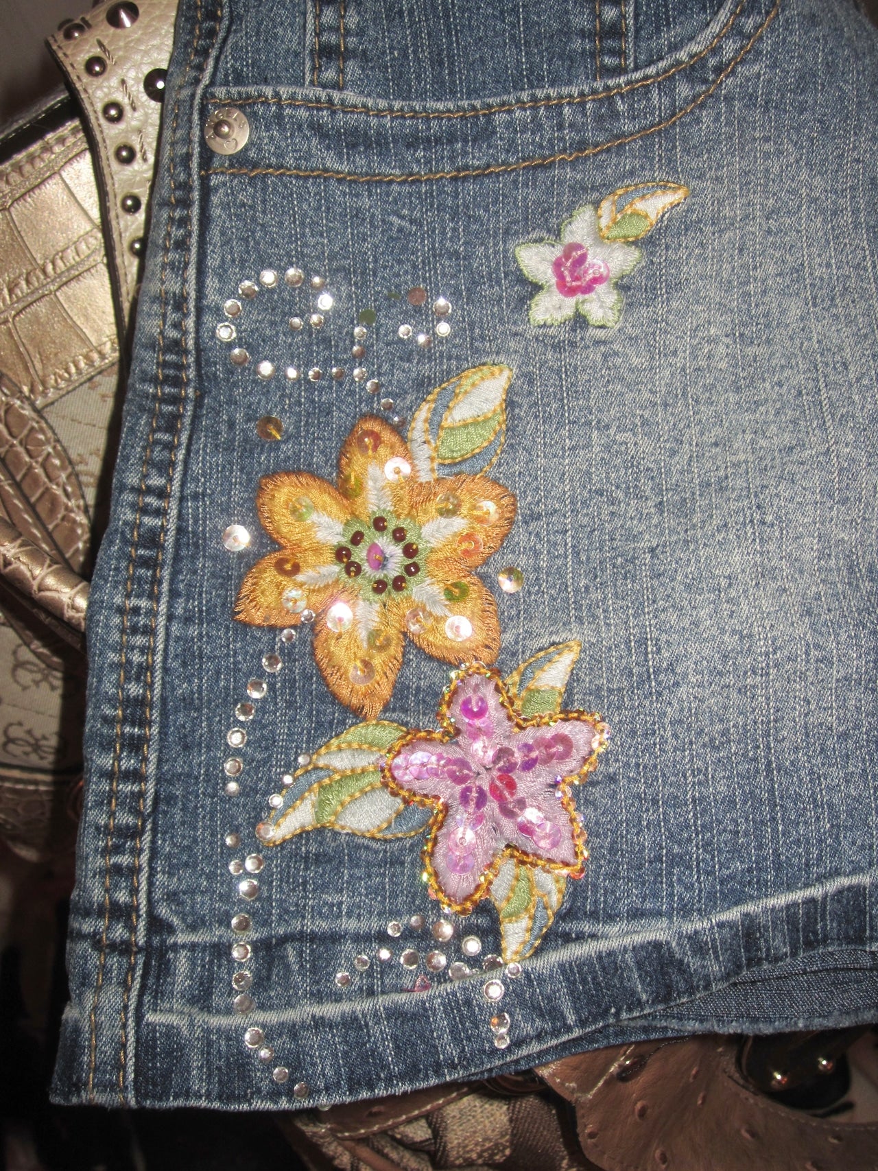 tropical 2k embroidered flower bead rhinestone blue denim miniskirt