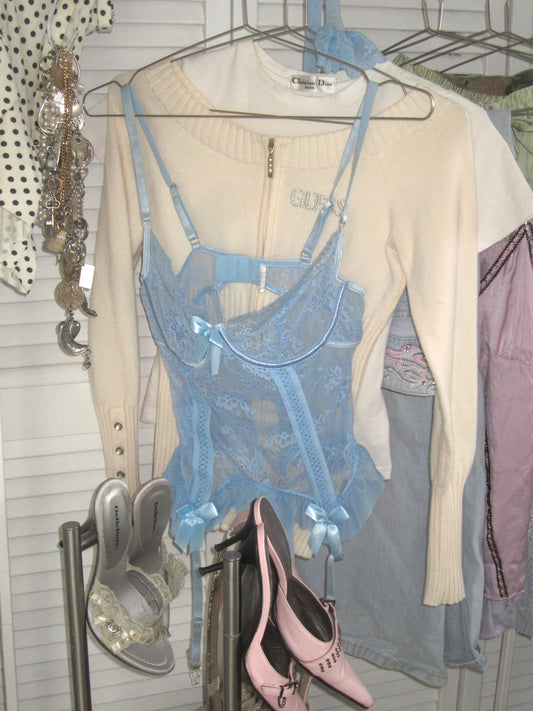 Vintage 00s blue lace bustier&stocking&pants set