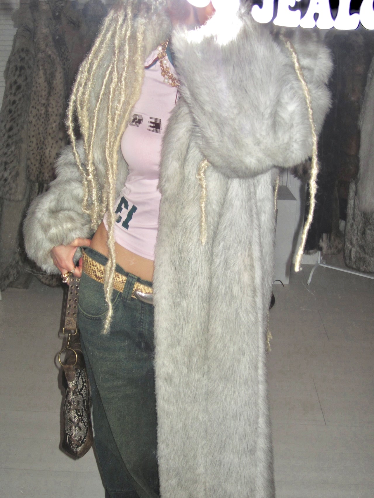 Vintage Silver cascade long faux fur coat