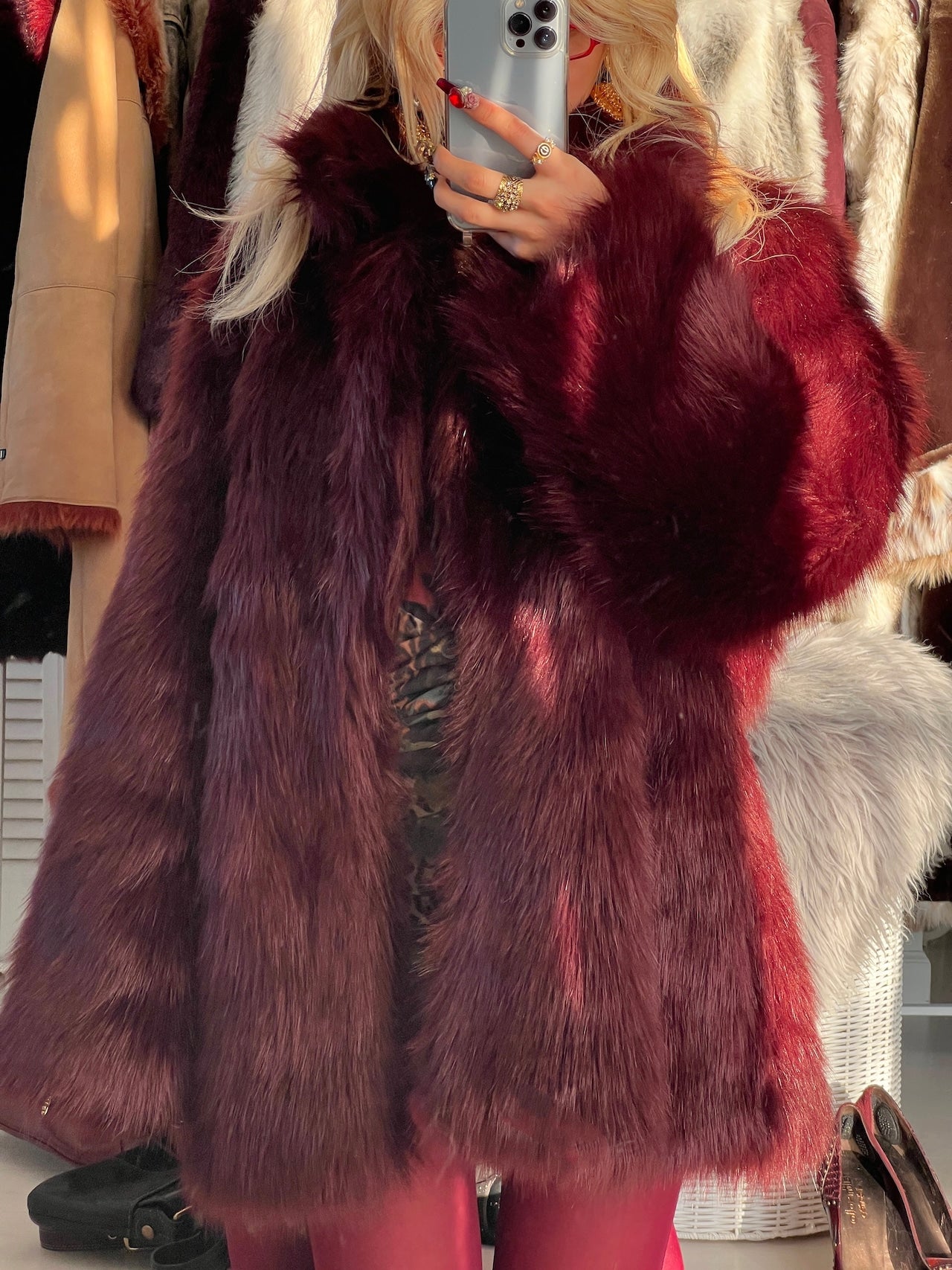 Vintage Cherry Bordeaux faux fur coat