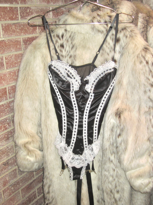 black and white fredrick's of hollywood corset bodysuit