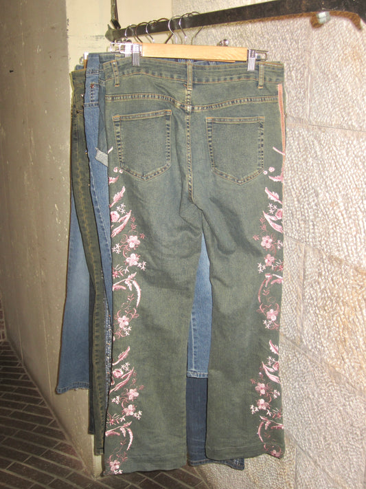 00s vintage flower embroidered wide denim