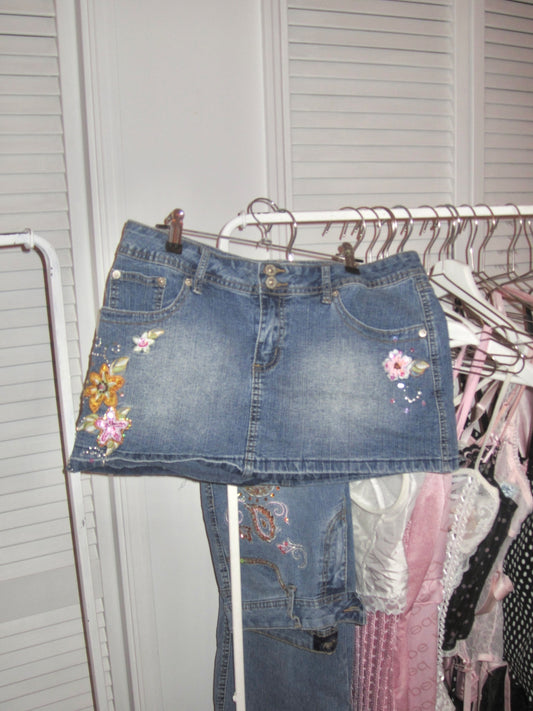tropical 2k embroidered flower bead rhinestone blue denim miniskirt
