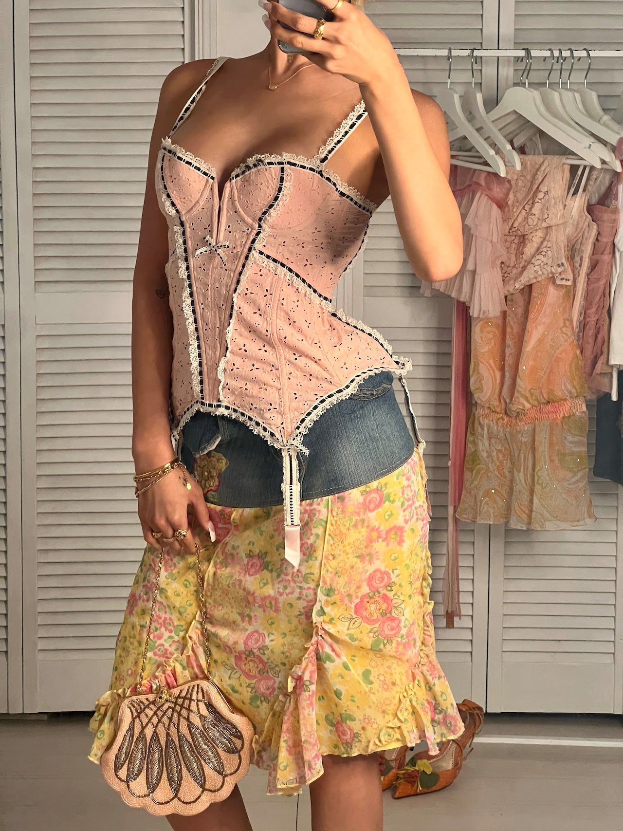 Sunny bloom denim midi chiffon skirt