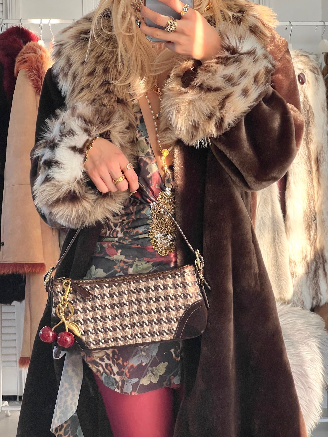 Mid night owl vintage long faux fur coat