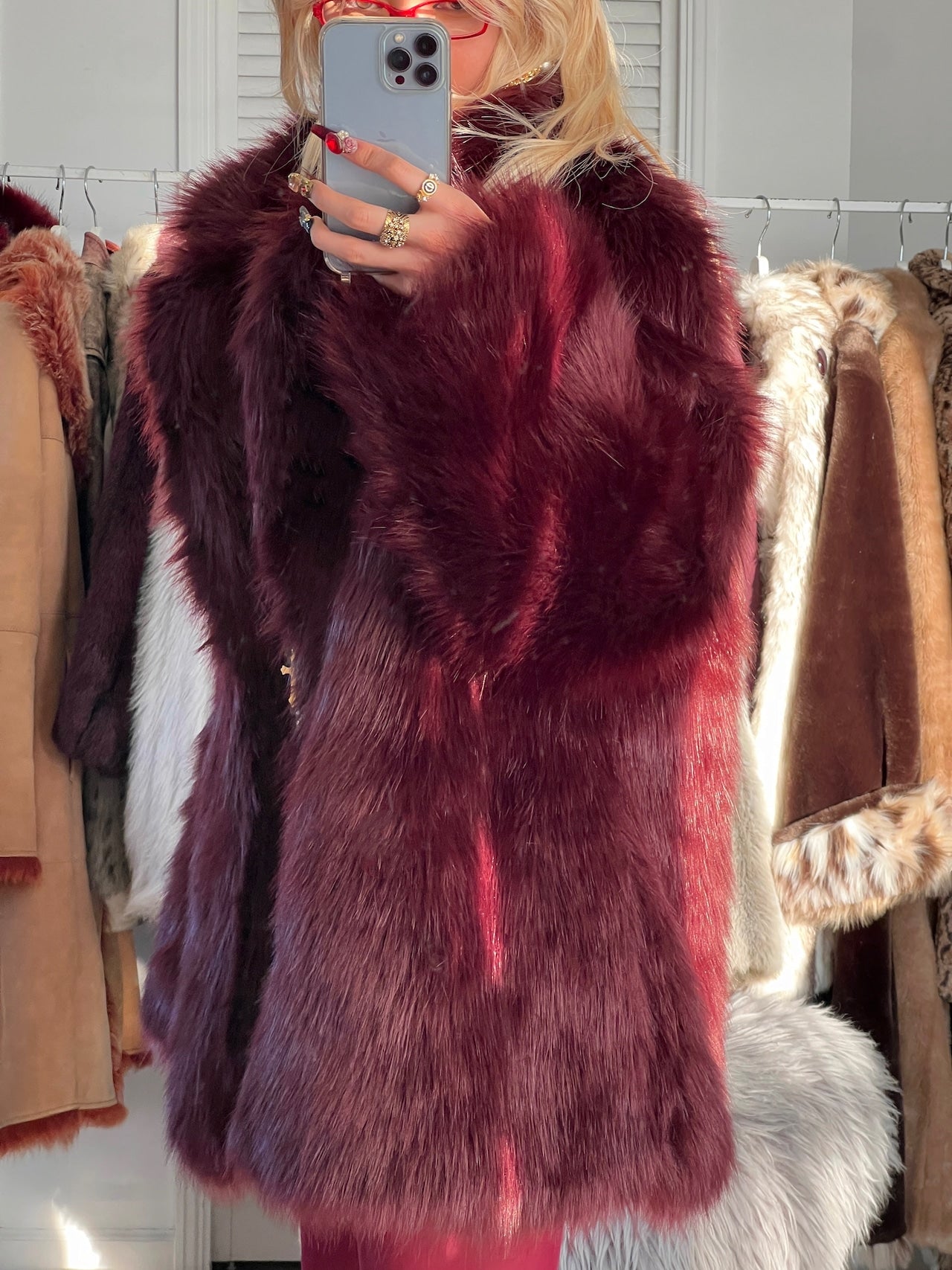 Vintage Cherry Bordeaux faux fur coat