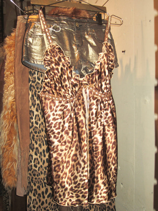 00s US cinema leopard satin babydoll dress
