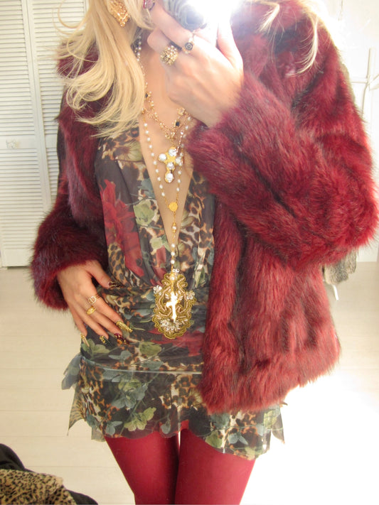 Vintage Crimson velvet faux fur jacket