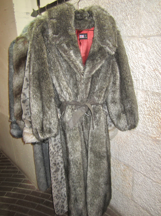 Vintage Brown & Grey Faux fur coat with belted waist