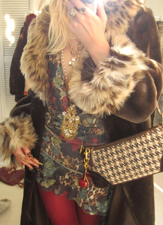 Mid night owl vintage long faux fur coat
