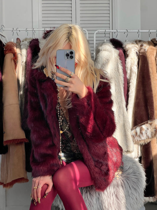 Vintage Crimson velvet faux fur jacket