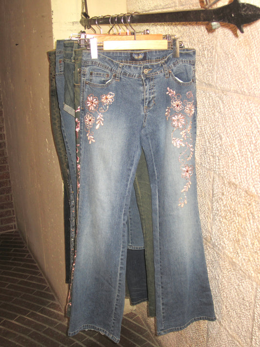 Y2K angels pink flower embroidered glitter denim