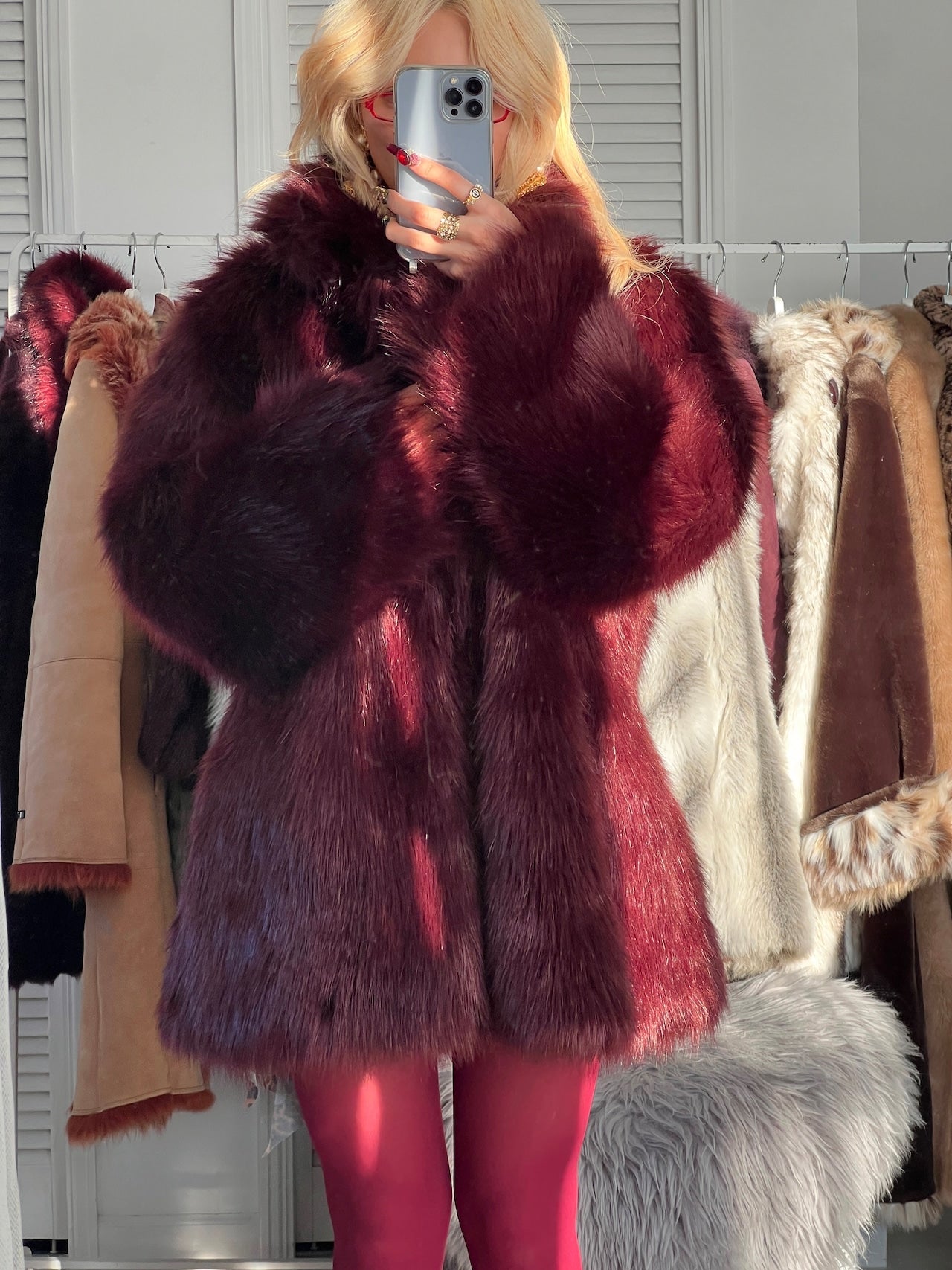 Vintage Cherry Bordeaux faux fur coat