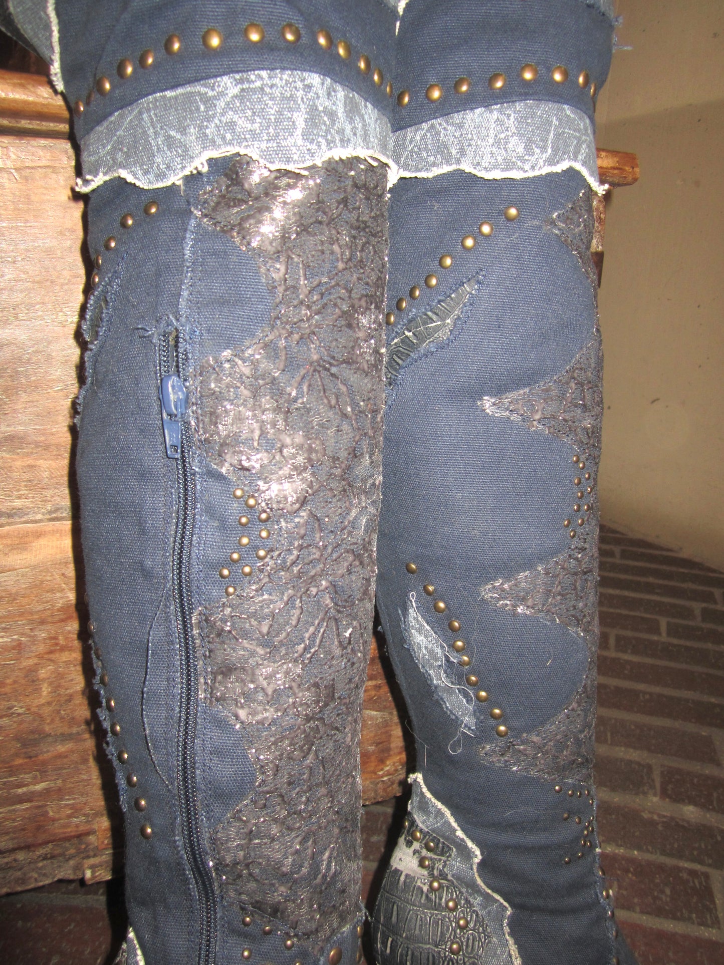 vintage Y2K bejeweled patched denim boots