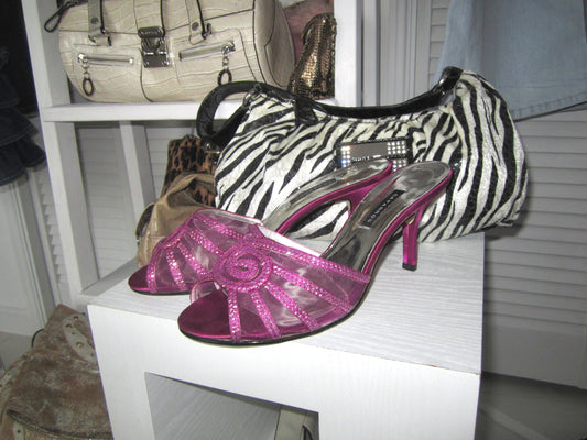 Y2K purple sequin swirl kitten heels