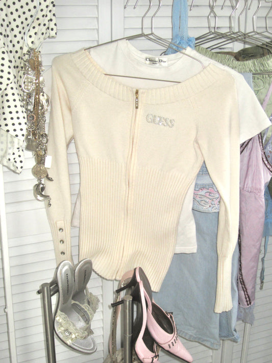 00s guess cream knit zip up