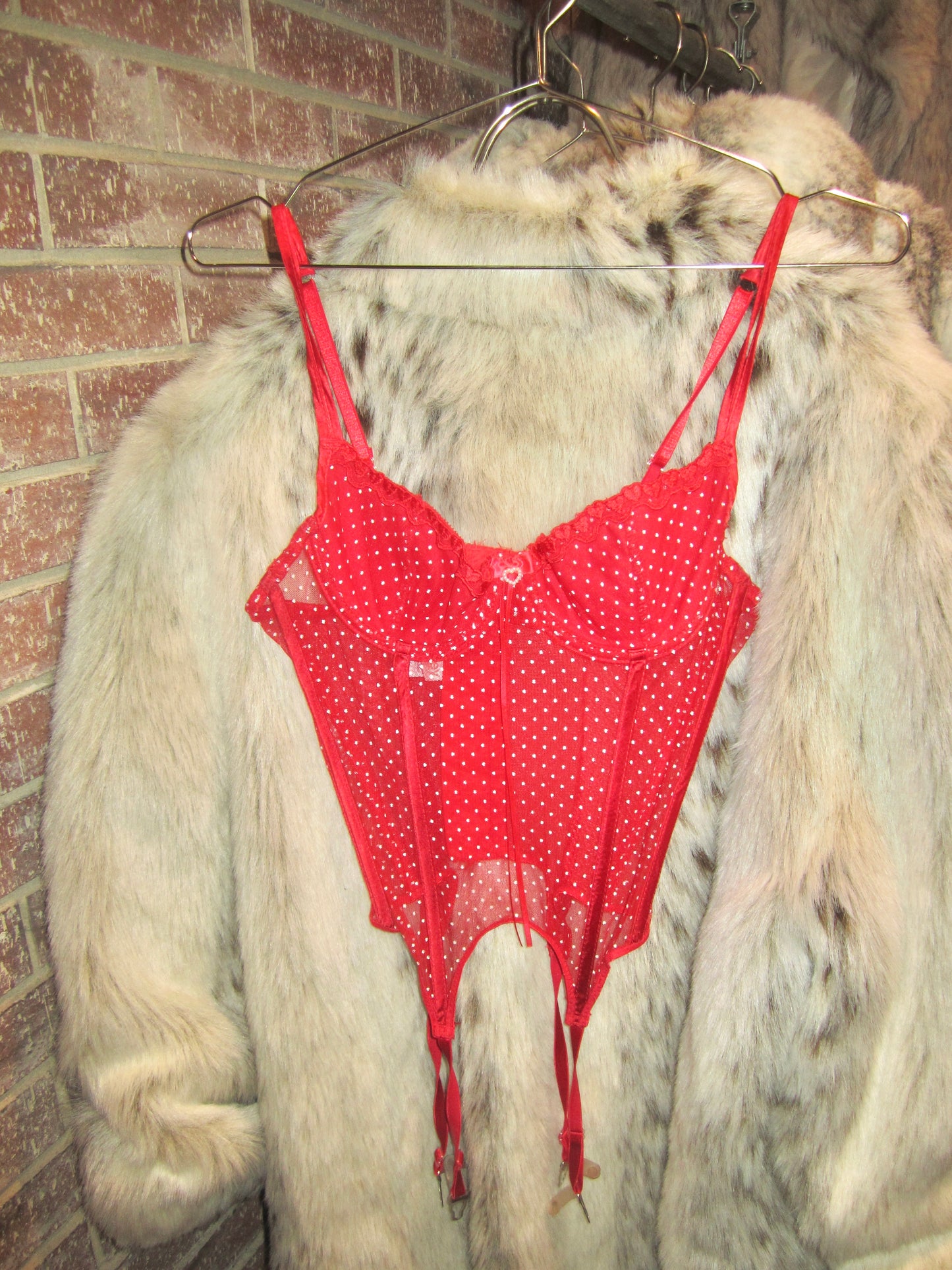 SHIRLEY OF HOLLYWOOD Lacey polka dot corset with garter belt