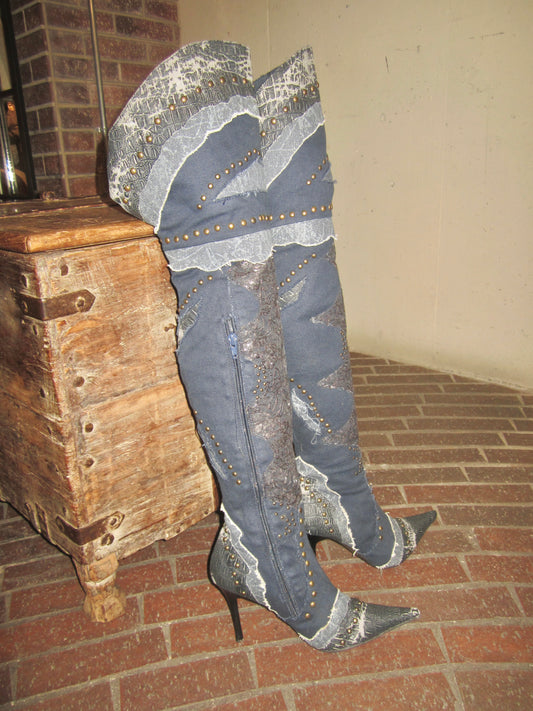 vintage Y2K bejeweled patched denim boots