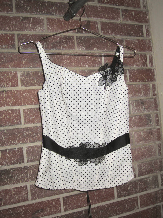 00s US vintage Black and white polka dot lace up corset