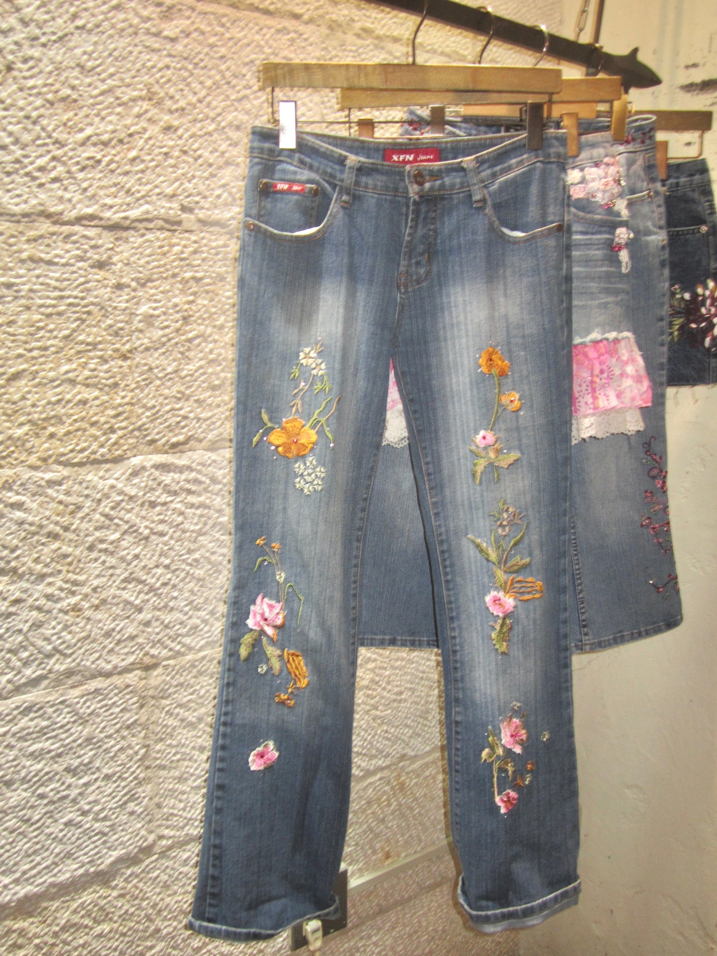 Vintage embroidered flower denim