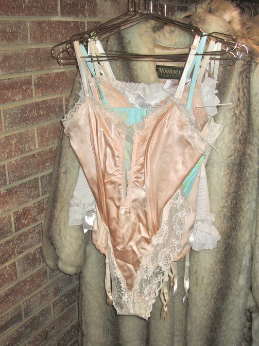 80s coquette blush satin bodysuit with lace ruffle detail