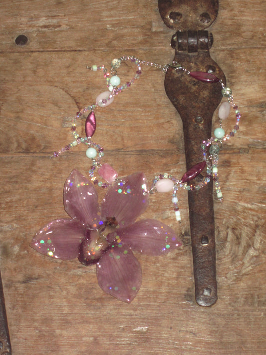 Purple Orchid Beaded Necklace