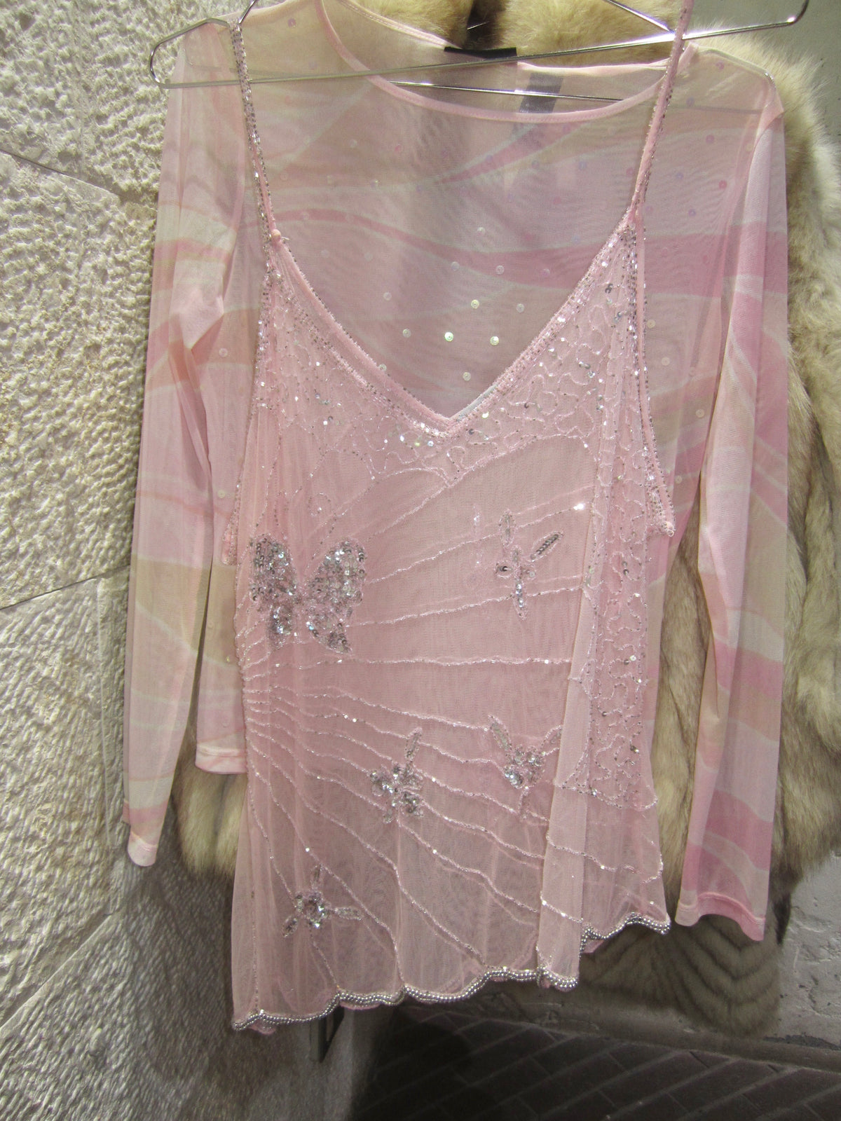 Pink Silver Butterfly Sequin Camisole
