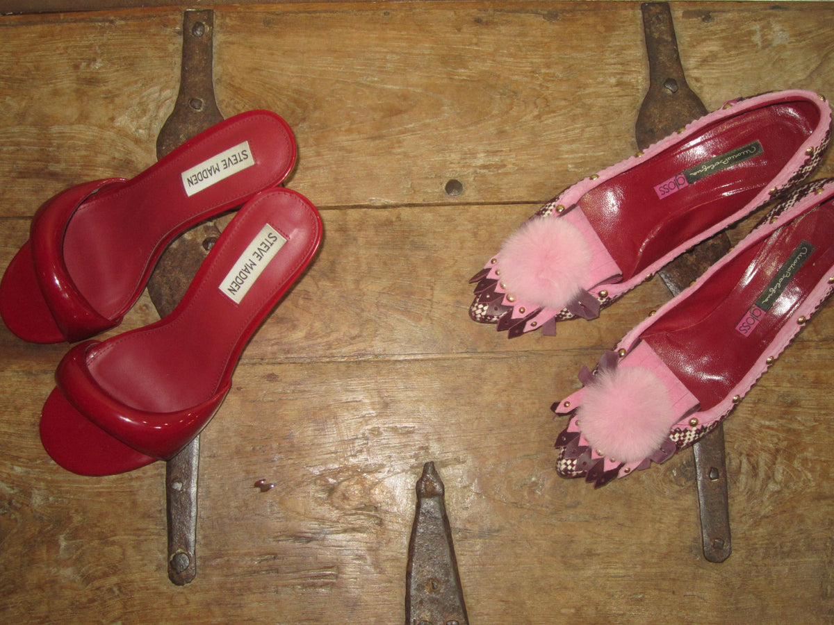 Red Open Toe Mules / Pink Plaid Pom Pom Flats