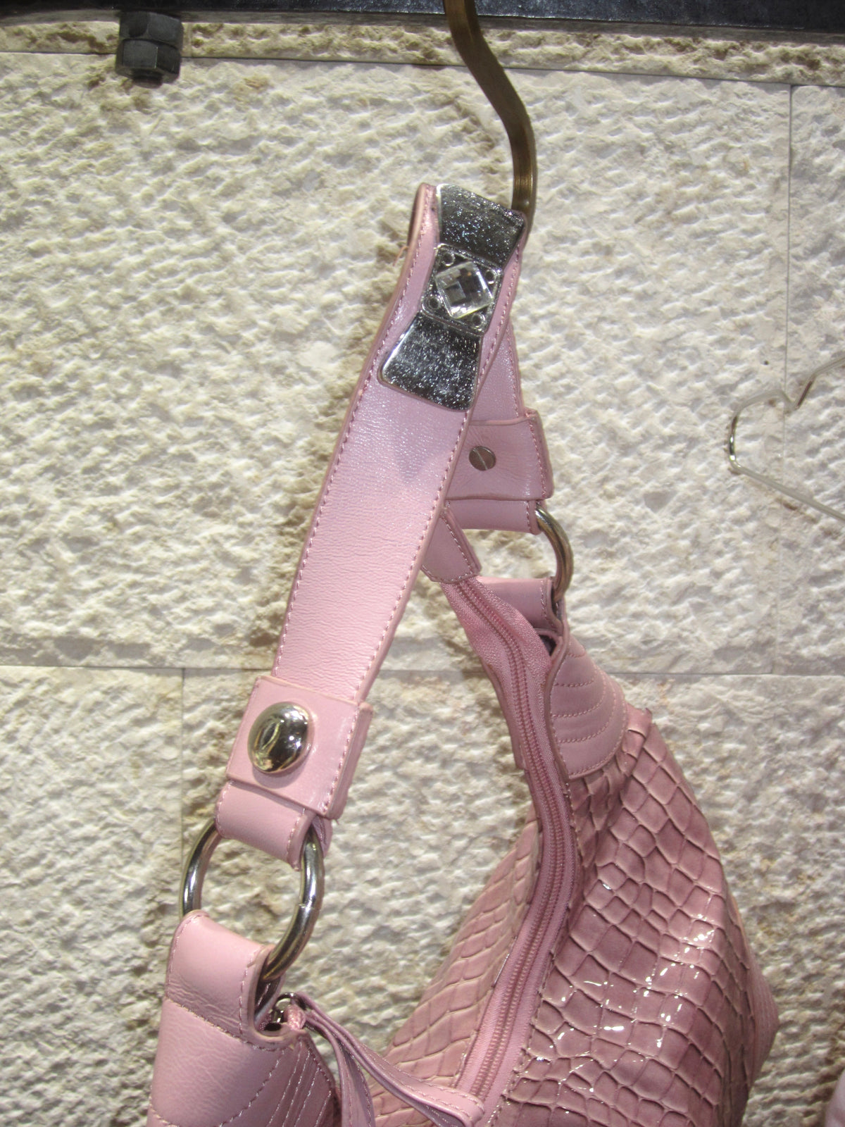 Pink Croc Embossed Crescent Bag