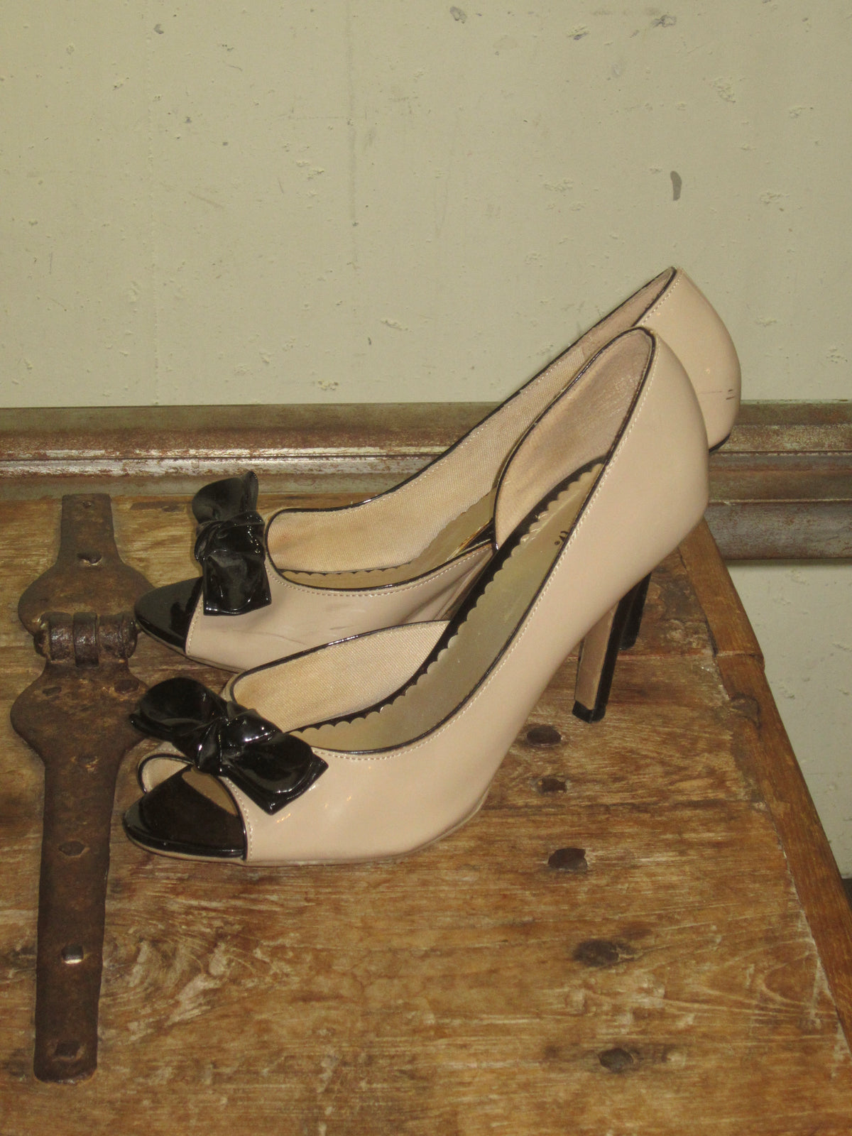 Cream Black Bow Peep Toe Pumps