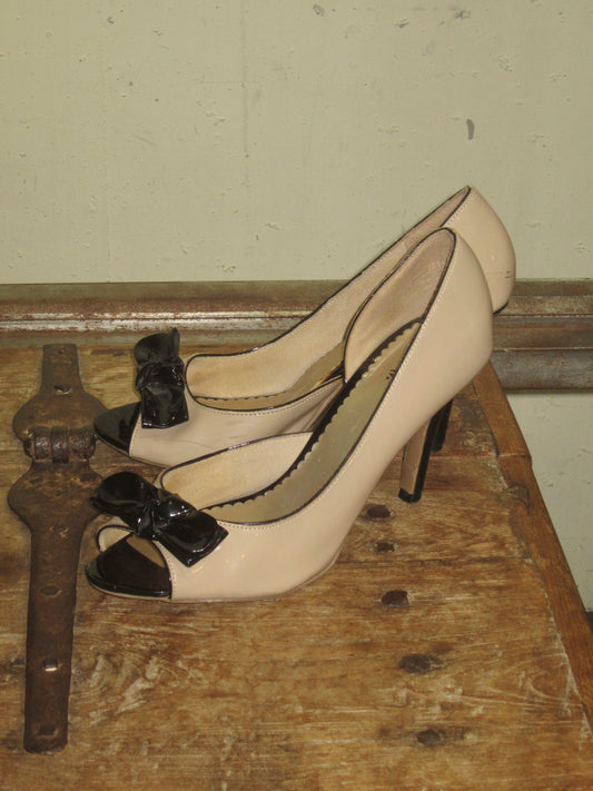 Cream Black Bow Peep Toe Pumps