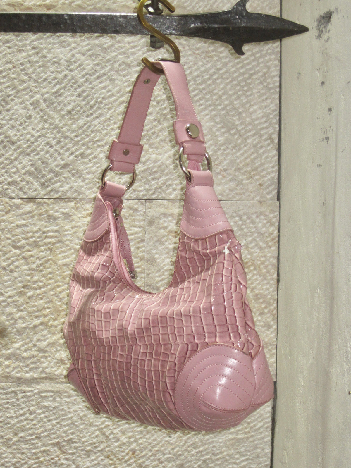 Pink Croc Embossed Crescent Bag